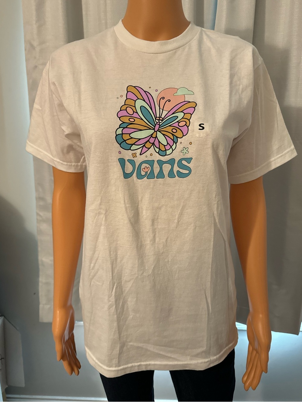 Cute Vans size S white shirt sleeve butterfly logo t-shirt women new